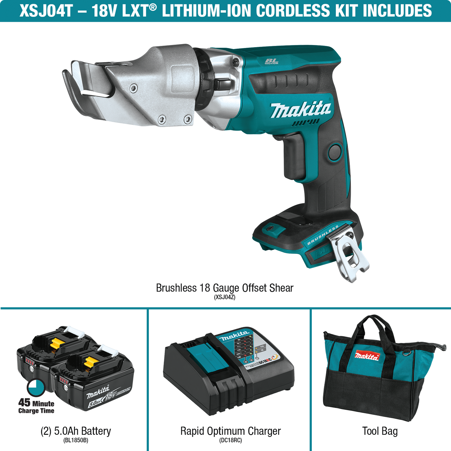 Makita XSJ04T 18V LXT® Lithium‑Ion Brushless Cordless 18 Gauge Offset Shear Kit (5.0Ah)