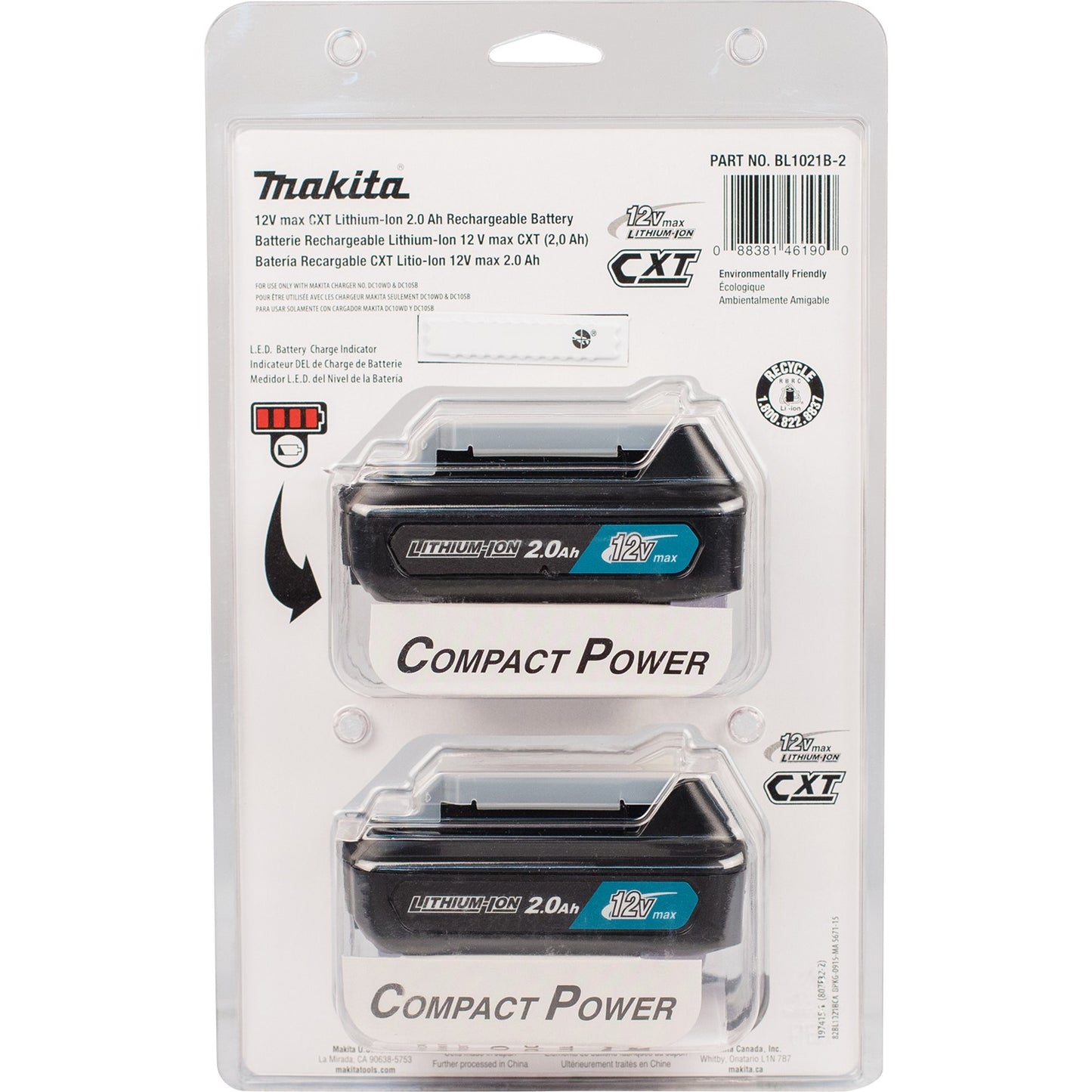 Makita BL1021B-2 12V max CXT® Lithium‑Ion 2.0Ah Battery, 2/pk