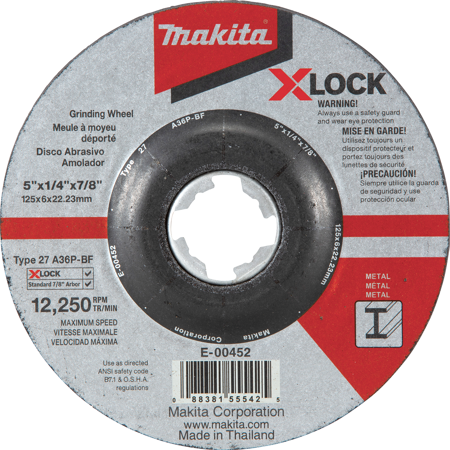 Makita E-00452 X‑LOCK 5" x 1/4" x 7/8" Type 27 General Purpose 36 Grit Metal Abrasive Grinding Wheel