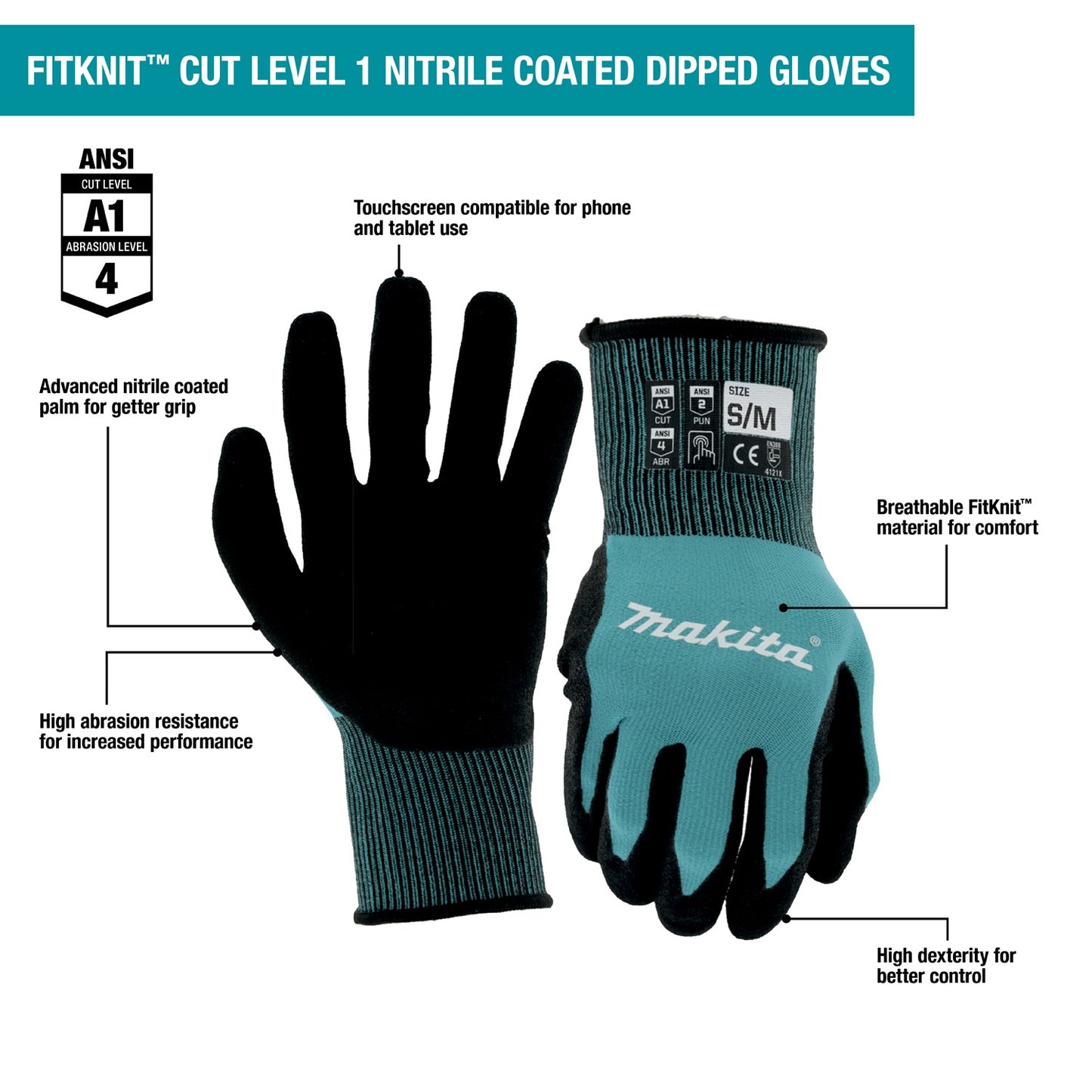 Makita T-04123 FitKnit™ Cut Level 1 Nitrile Coated Dipped Gloves (Large/X‑Large)