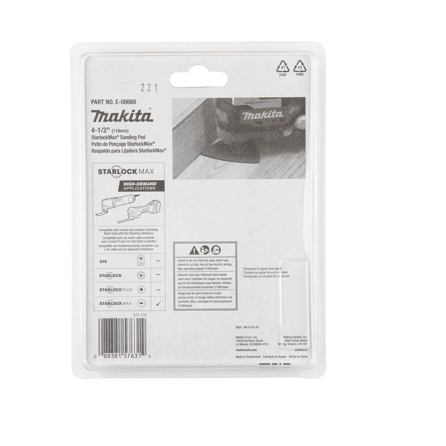 Makita E-08660 StarlockMax® Oscillating Multi‑Tool 4‑1/2" Tungsten Carbide 100 Grit Delta Triangle Sanding Pad