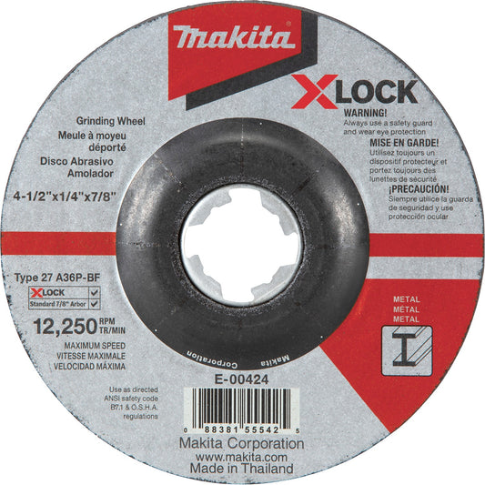 Makita E-00430 X‑LOCK 4‑1/2" x 1/4" x 7/8" Type 27 General Purpose 36 Grit Abrasive Grinding Wheel for Metal & Stainless Steel Grinding