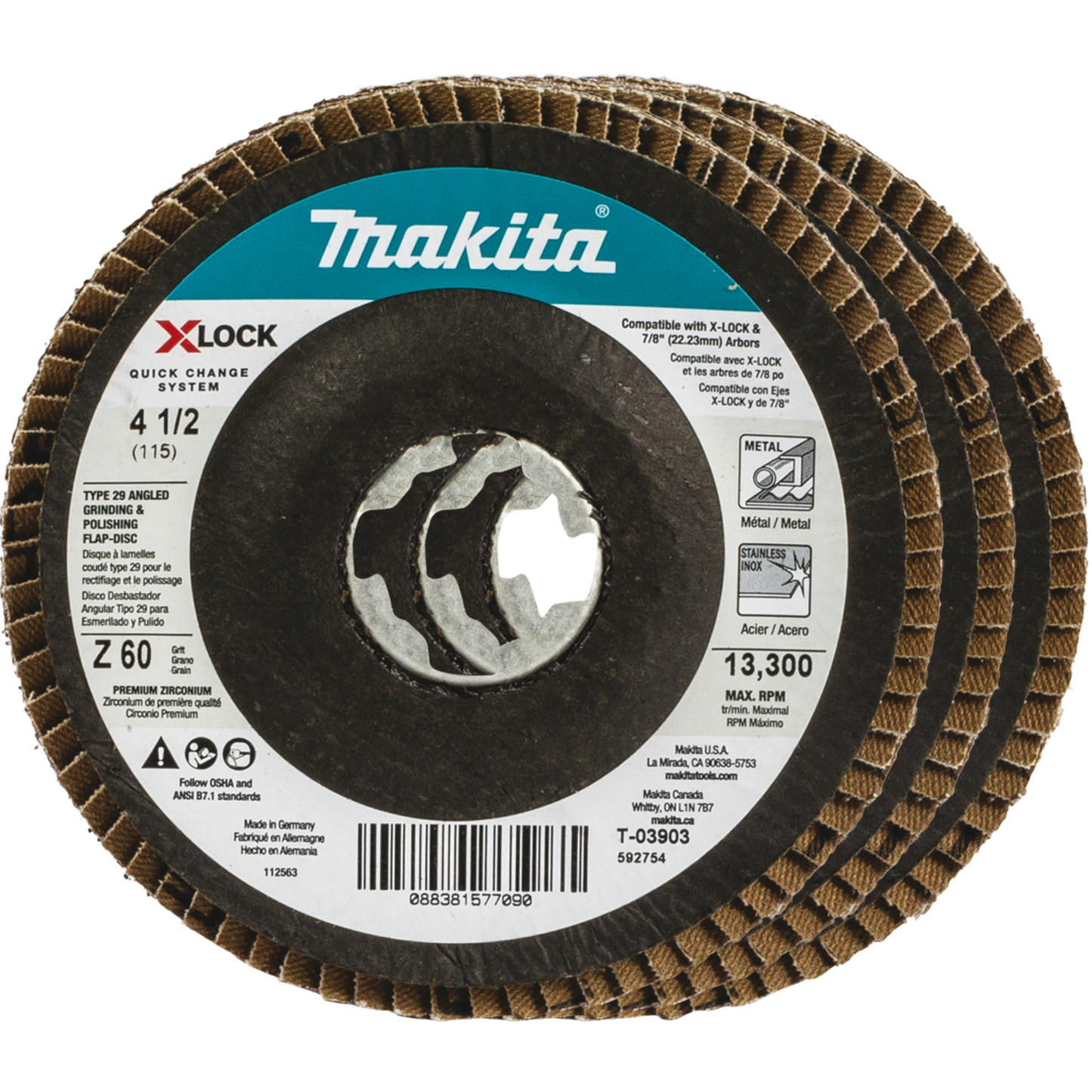 Makita T-03903-3 X‑LOCK 4‑1/2" 60 Grit Type 29 Angled Grinding and Polishing Flap Disc X‑LOCK and All 7/8" Arbor Grinders, 3/pk