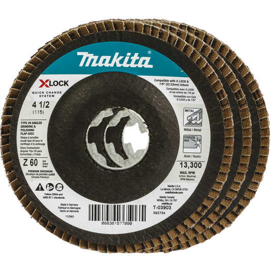 Makita T-03903-3 X‑LOCK 4‑1/2" 60 Grit Type 29 Angled Grinding and Polishing Flap Disc X‑LOCK and All 7/8" Arbor Grinders, 3/pk