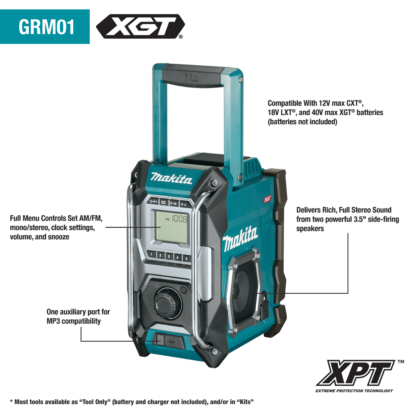 Makita GRM01 40V max XGT® Cordless/Corded Job Site Radio, Tool Only