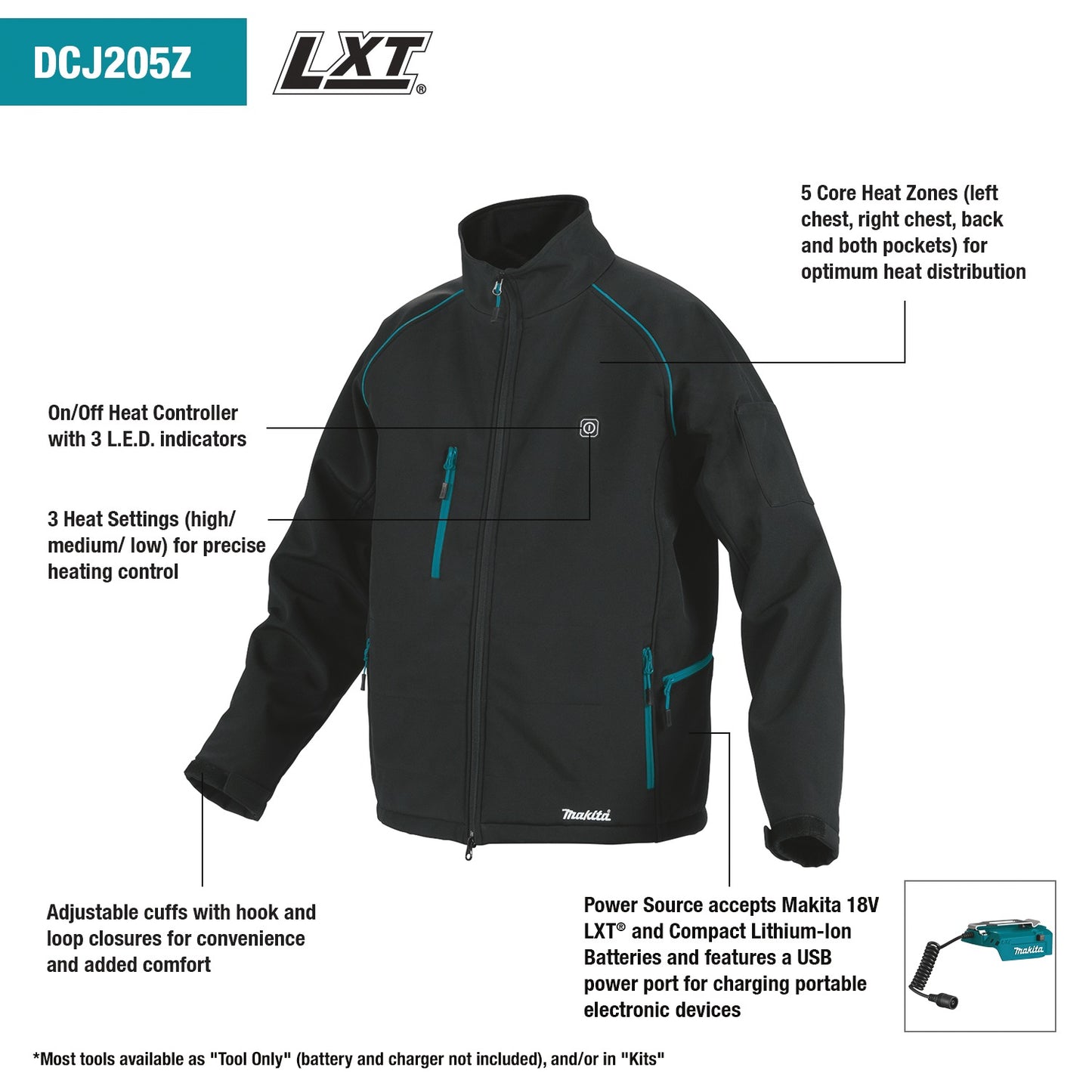 Makita DCJ205Z2XL 18V LXT® Lithium‑Ion Cordless Heated Jacket, Jacket Only (Black, 2XL)