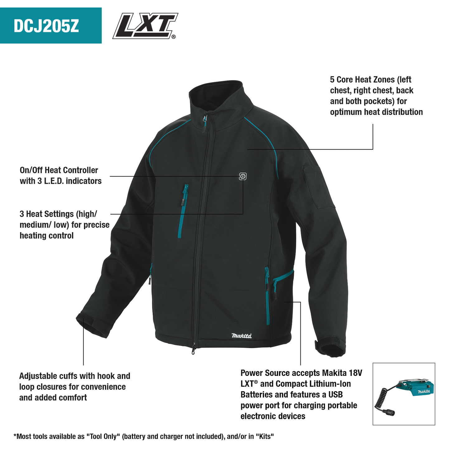 Makita DCJ205ZL 18V LXT® Lithium‑Ion Cordless Heated Jacket, Jacket Only (Black, L)