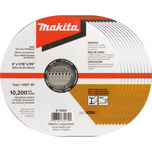 Makita B-12653-10 6" x 1/16" x 7/8" INOX Thin Cut‑Off Wheel, 10/pk