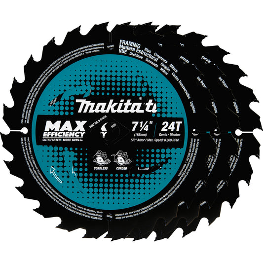 Makita B-61656-3 7‑1/4" 24T Carbide‑Tipped Max Efficiency Circular Saw Blade, Framing, 3/pk