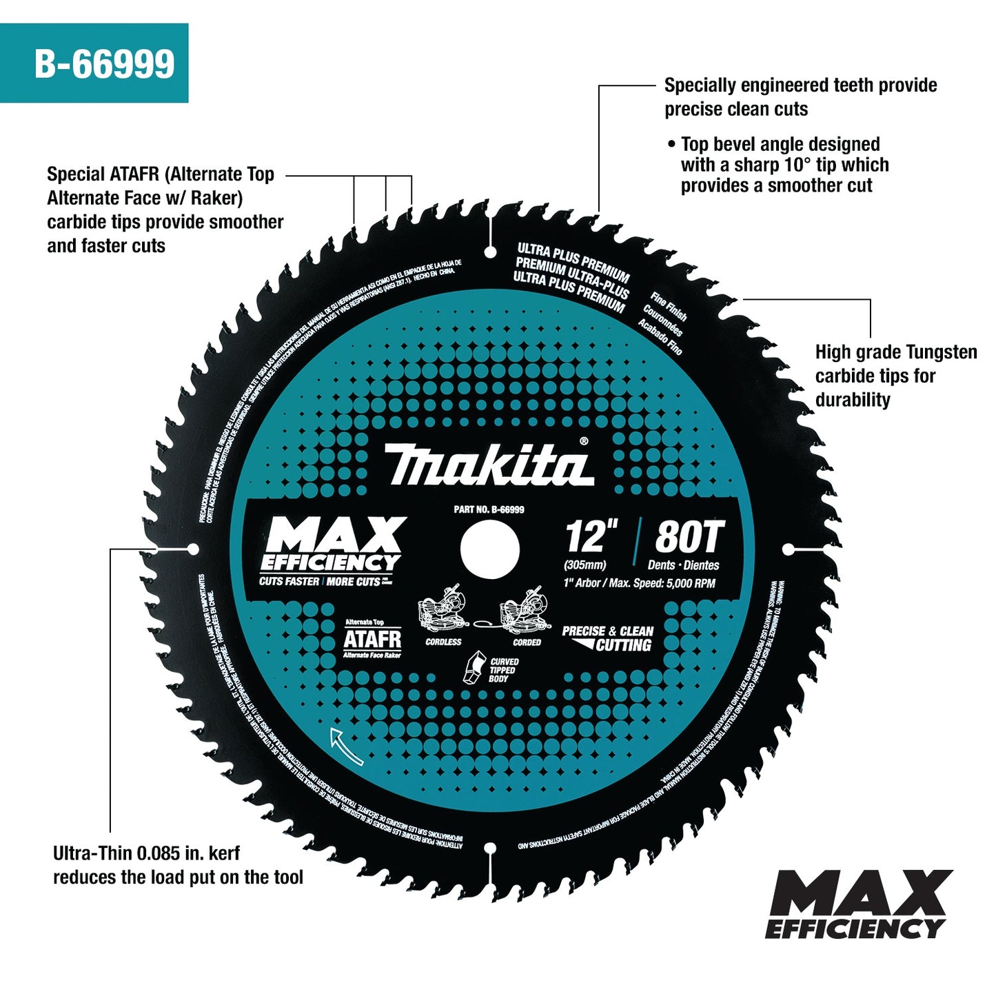 Makita B-66999 12" 80T Carbide‑Tipped Max Efficiency Miter Saw Blade