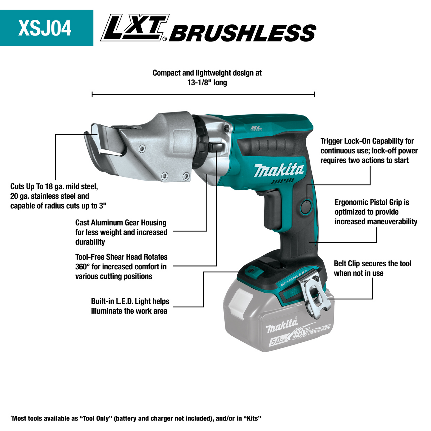 Makita XSJ04Z 18V LXT® Lithium‑Ion Brushless Cordless 18 Gauge Offset Shear, Tool Only