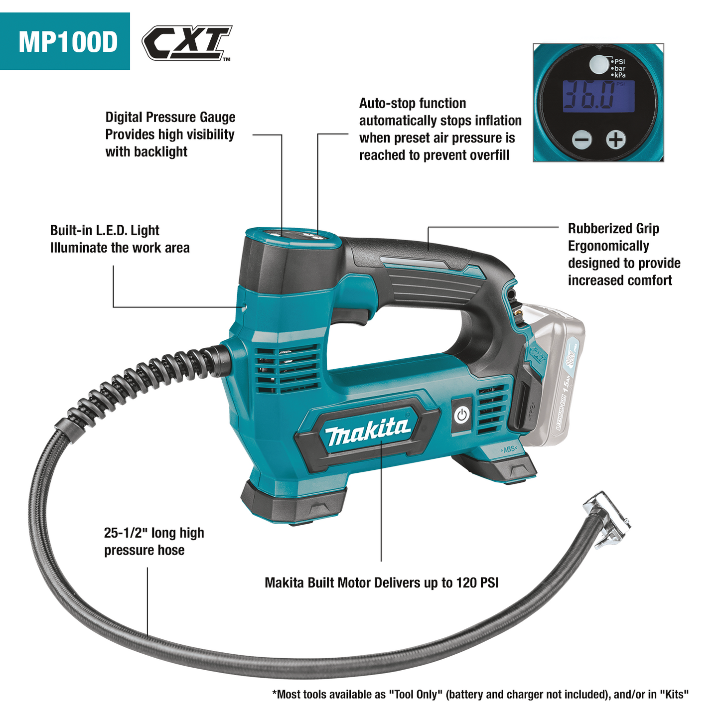 Makita MP100DZ 12V max CXT® Lithium‑Ion Cordless Inflator, Tool Only