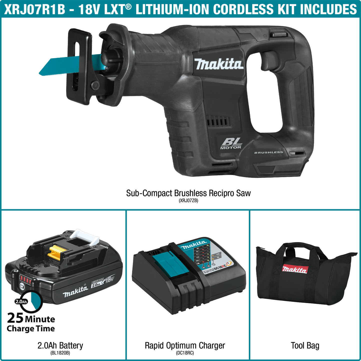 Makita XRJ07R1B 18V LXT® Lithium‑Ion Sub‑Compact Brushless Cordless Recipro Saw Kit (2.0Ah)