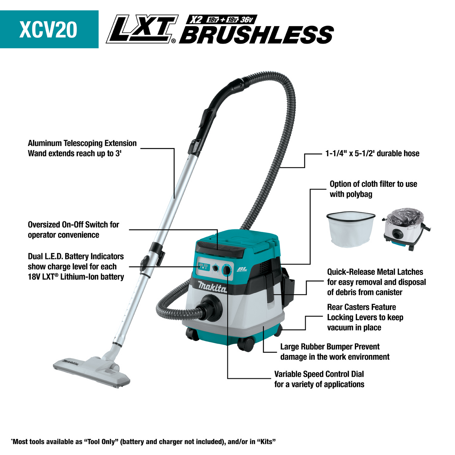 Makita XCV20Z 36V (18V X2) LXT® Brushless 2.1 Gallon Wet/Dry Dust Extractor/Vacuum, Tool Only