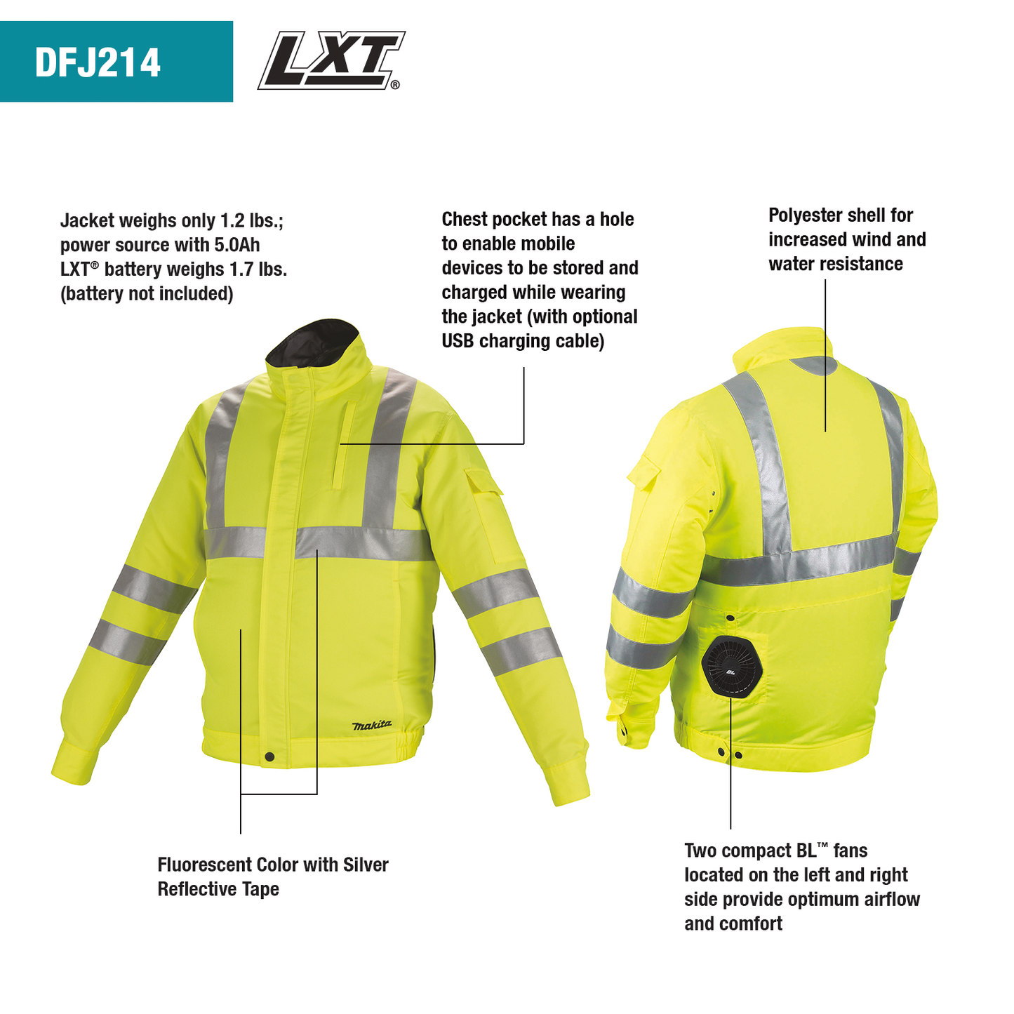 Makita DFJ214ZXL 18V LXT® Lithium‑Ion Cordless High Visibility Fan Jacket, Jacket Only (XL)