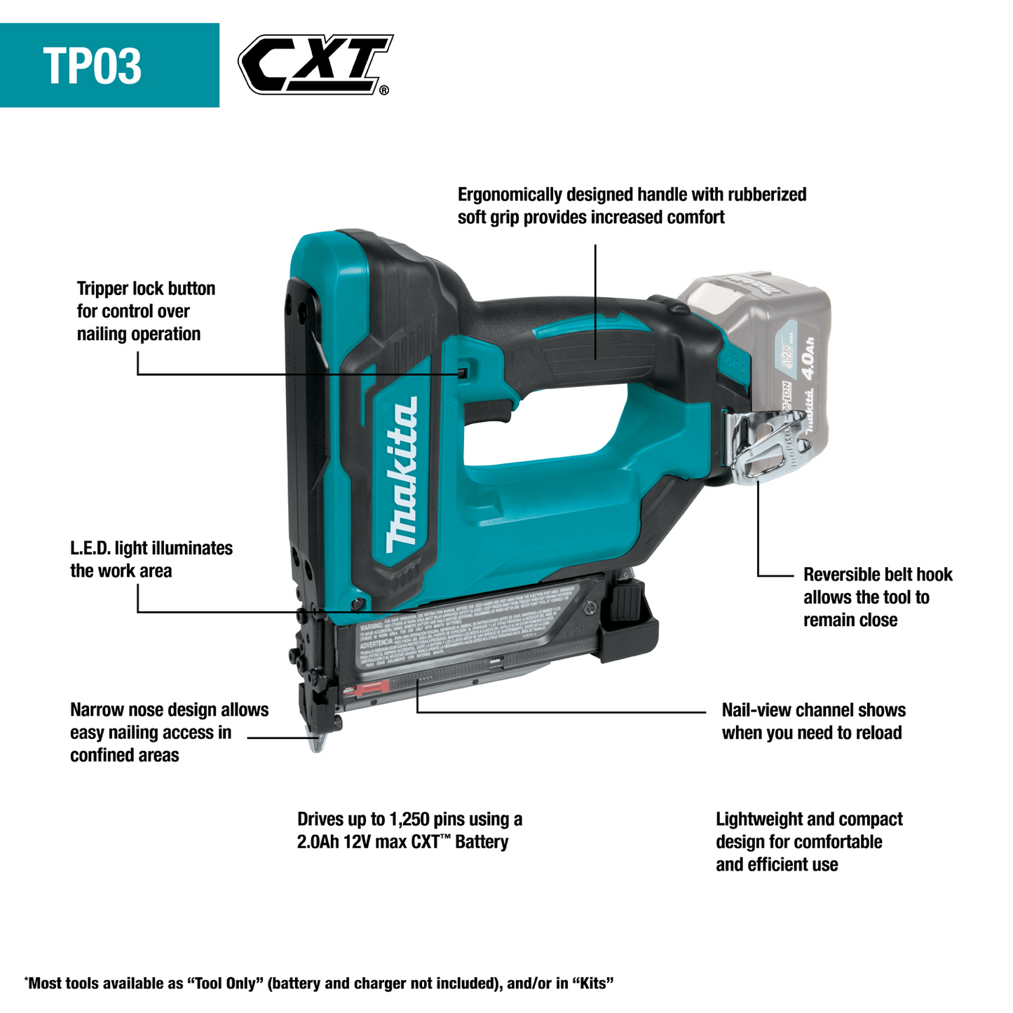 Makita TP03Z 12V max CXT® Lithium‑Ion Cordless Pin Nailer, 23 Ga., Tool Only