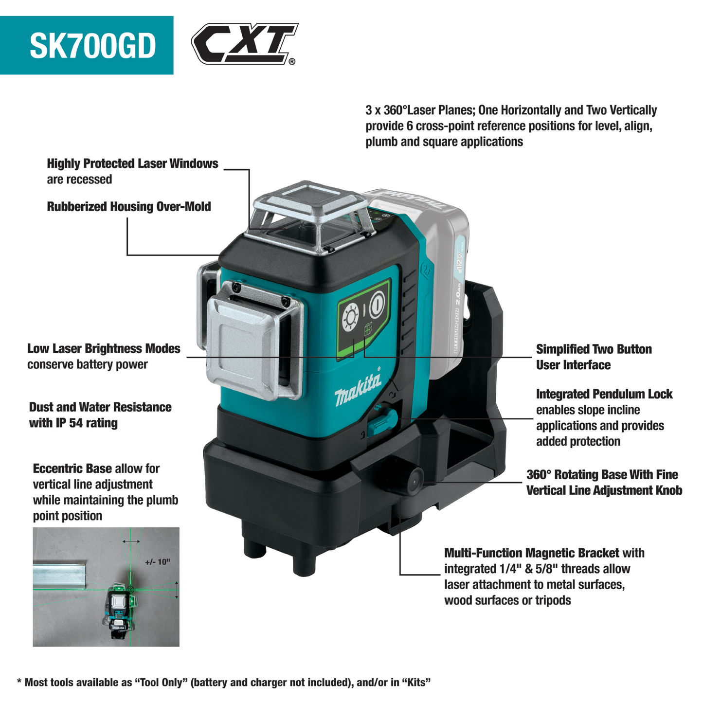 Makita SK700GDNAJ 12V max CXT® Lithium‑Ion Cordless Self‑Leveling 360° 3‑Plane Green Laser Kit (2.0Ah)