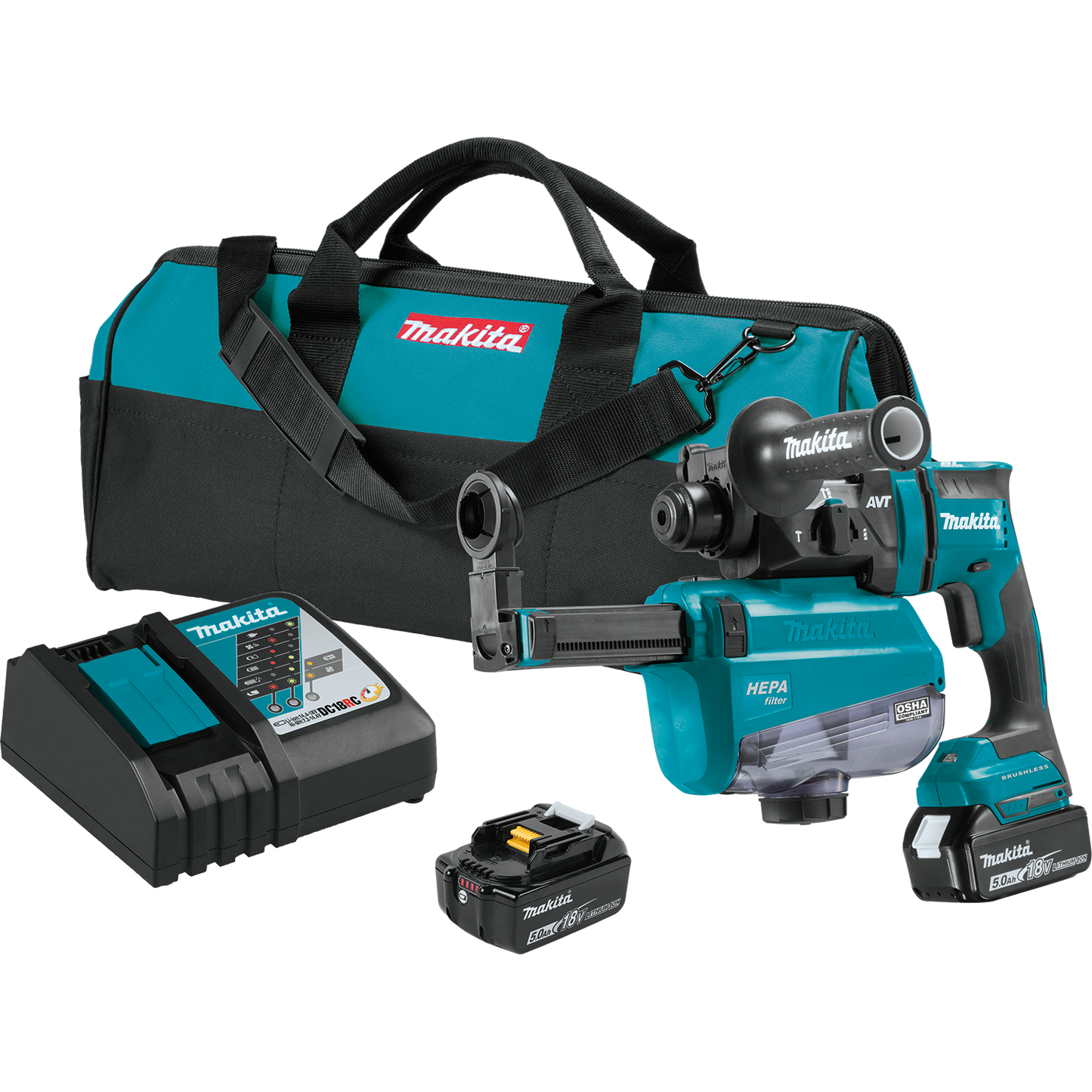 Makita XRH12TW 18V LXT® Lithium‑Ion Brushless Cordless 11/16" SDS‑PLUS AVT® Rotary Hammer Kit, w/ HEPA Dust Extractor, AWS® Capable (5.0Ah)