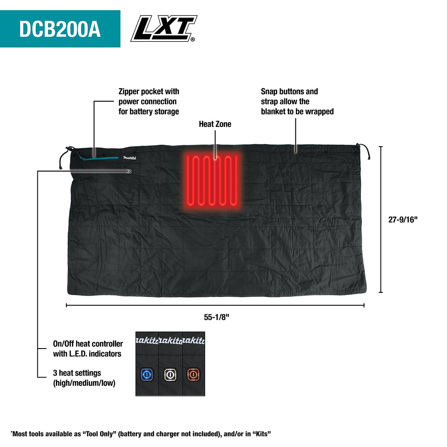 Makita DCB200A 18V LXT® Lithium‑Ion Cordless Heated Blanket, Blanket Only