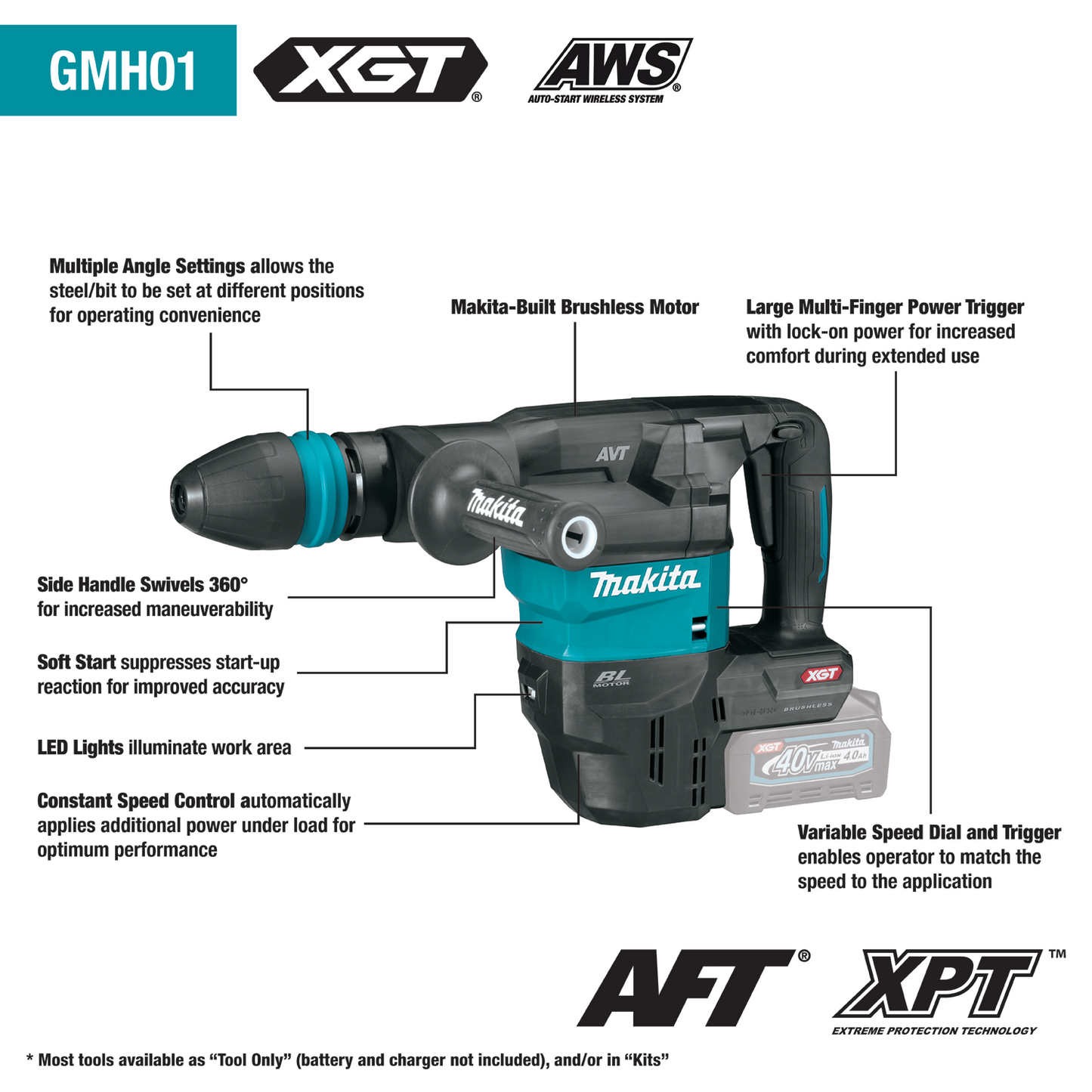 Makita GMH01M1 40V max XGT® Brushless Cordless 15 lb. SDS‑MAX AVT® Demolition Hammer Kit, AWS® Capable (4.0Ah)