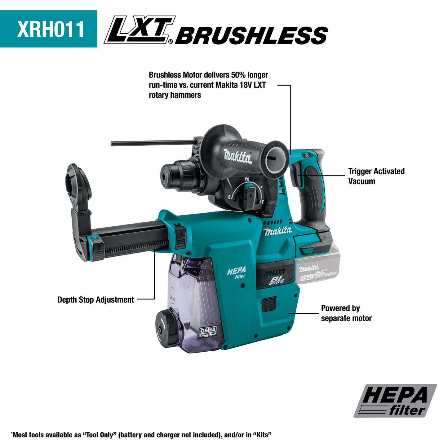 Makita XRH011TWX 18V LXT® Lithium‑Ion Brushless Cordless 1" SDS‑PLUS Rotary Hammer Kit, w/ HEPA Dust Extractor Attachment (5.0Ah)