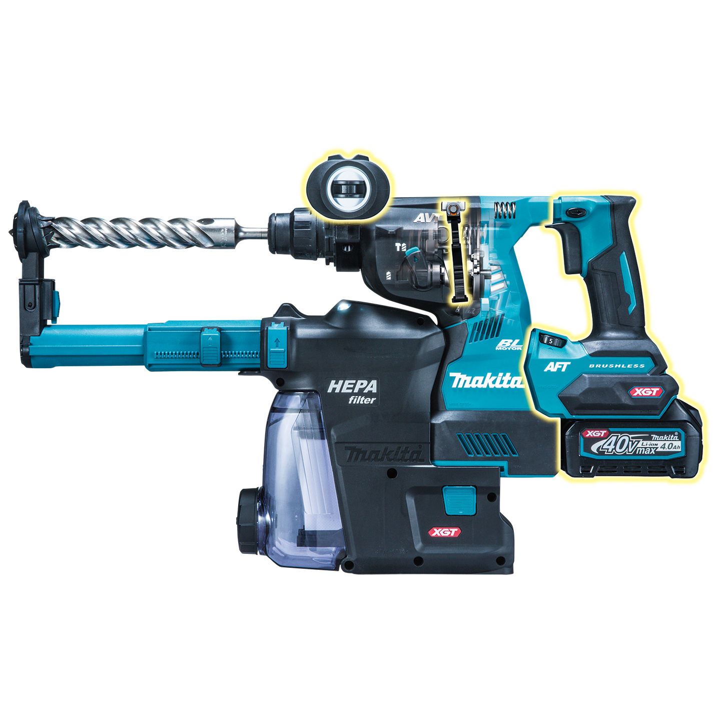 Makita GRH01M1W 40V max XGT® Brushless Cordless 1‑1/8" SDS‑PLUS AVT® Rotary Hammer Kit w/ Dust Extractor, AFT®, AWS® Capable (4.0Ah)