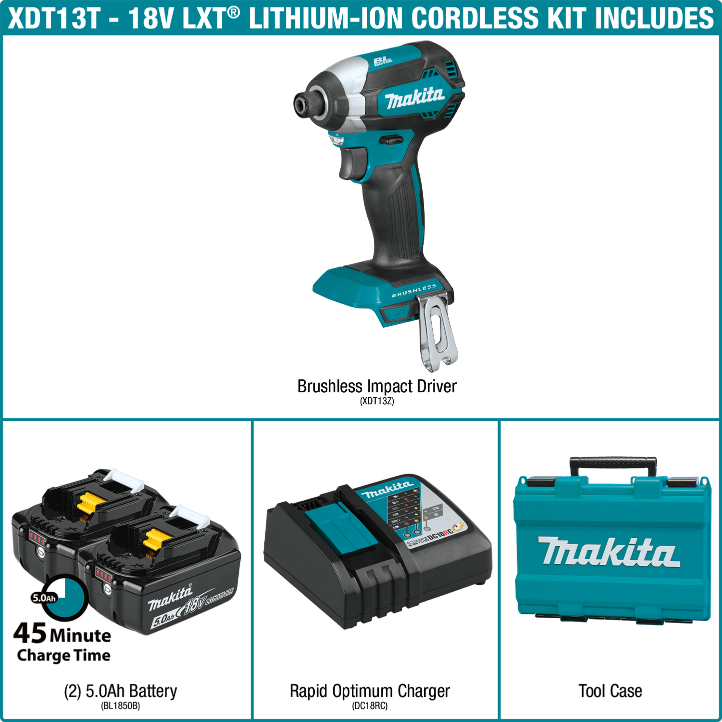 Makita XDT13T 18V LXT® Lithium‑Ion Brushless Cordless Impact Driver Kit (5.0Ah)