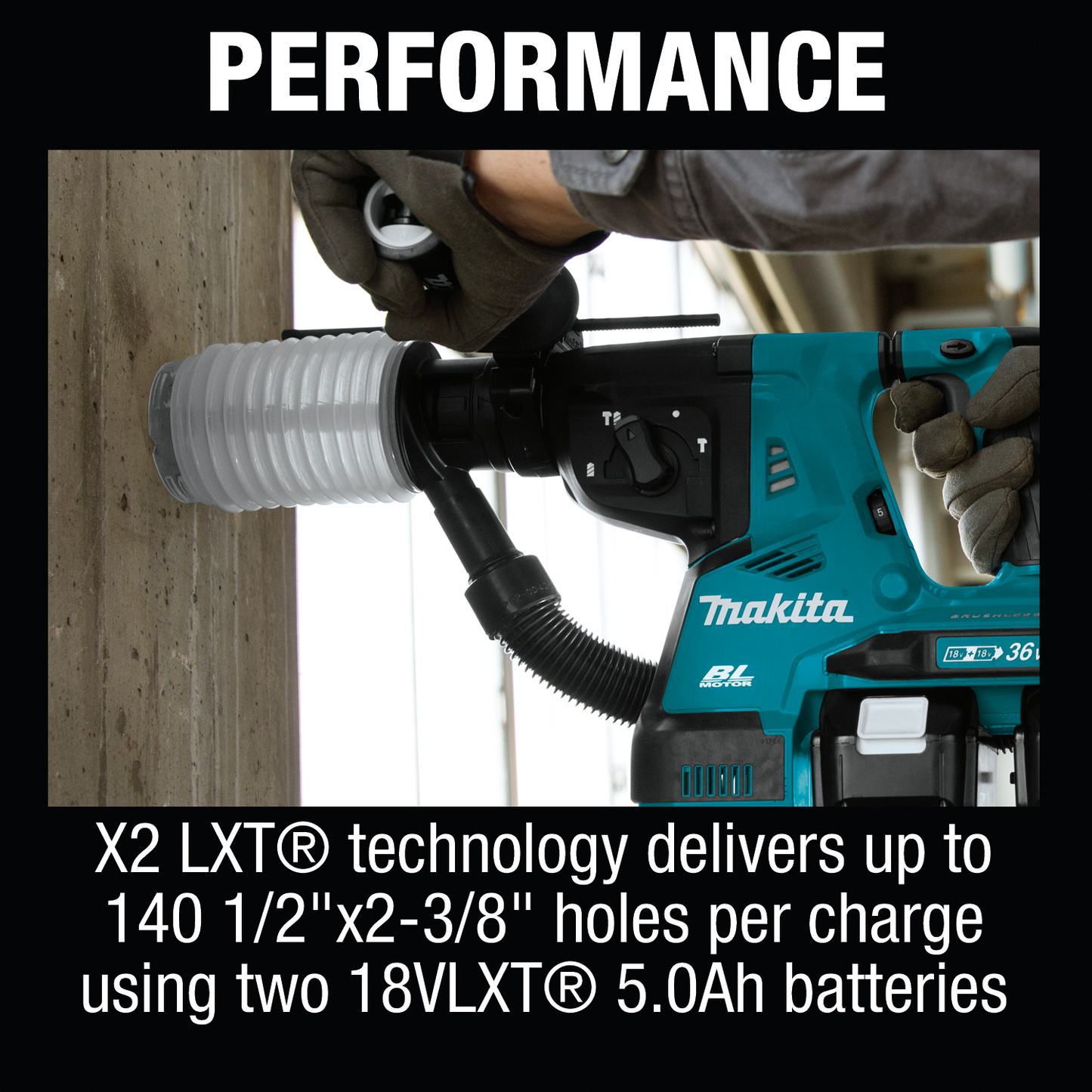 Makita XRH10PTW 36V (18V X2) LXT® Brushless 1‑1/8" SDS‑PLUS AVT® Rotary Hammer Kit, w/ HEPA Dust Extractor, AFT®, AWS® Capable (5.0Ah)