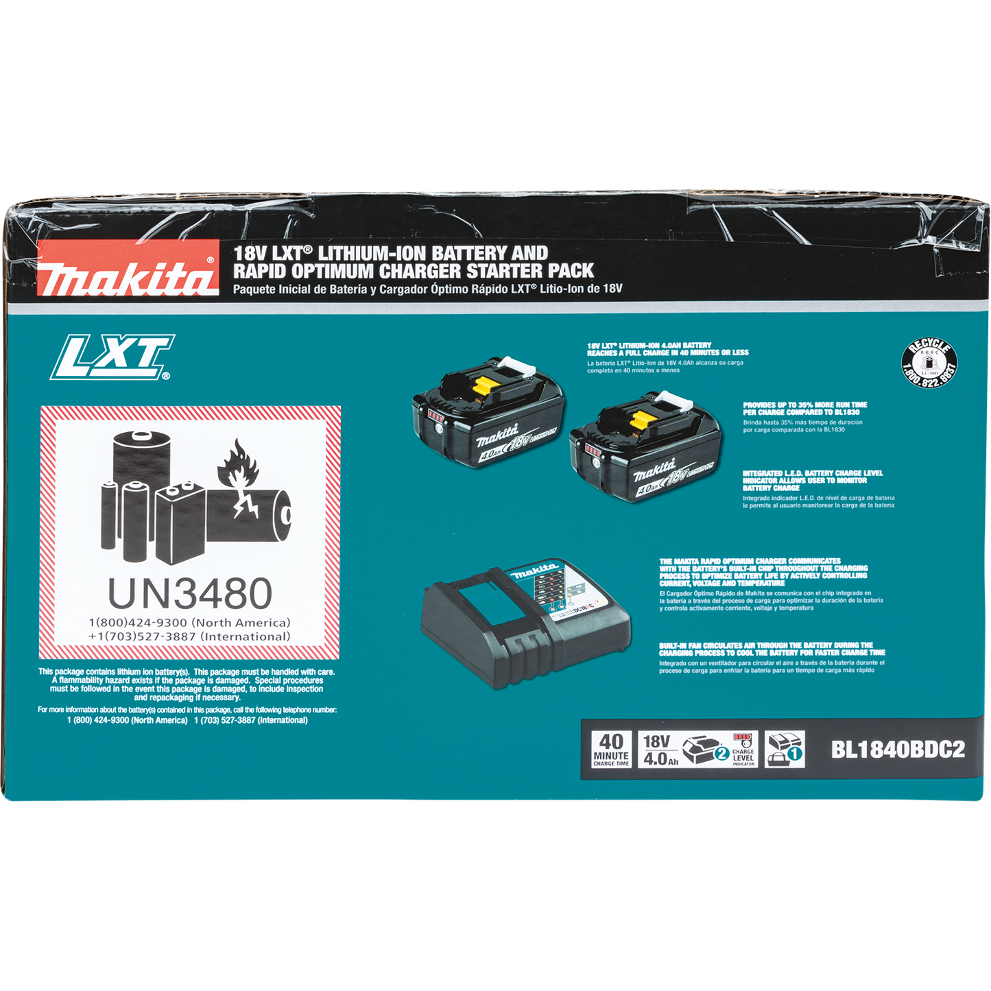 Makita BL1840BDC2 18V LXT® Lithium‑Ion Battery and Rapid Optimum Charger Starter Pack (4.0Ah)