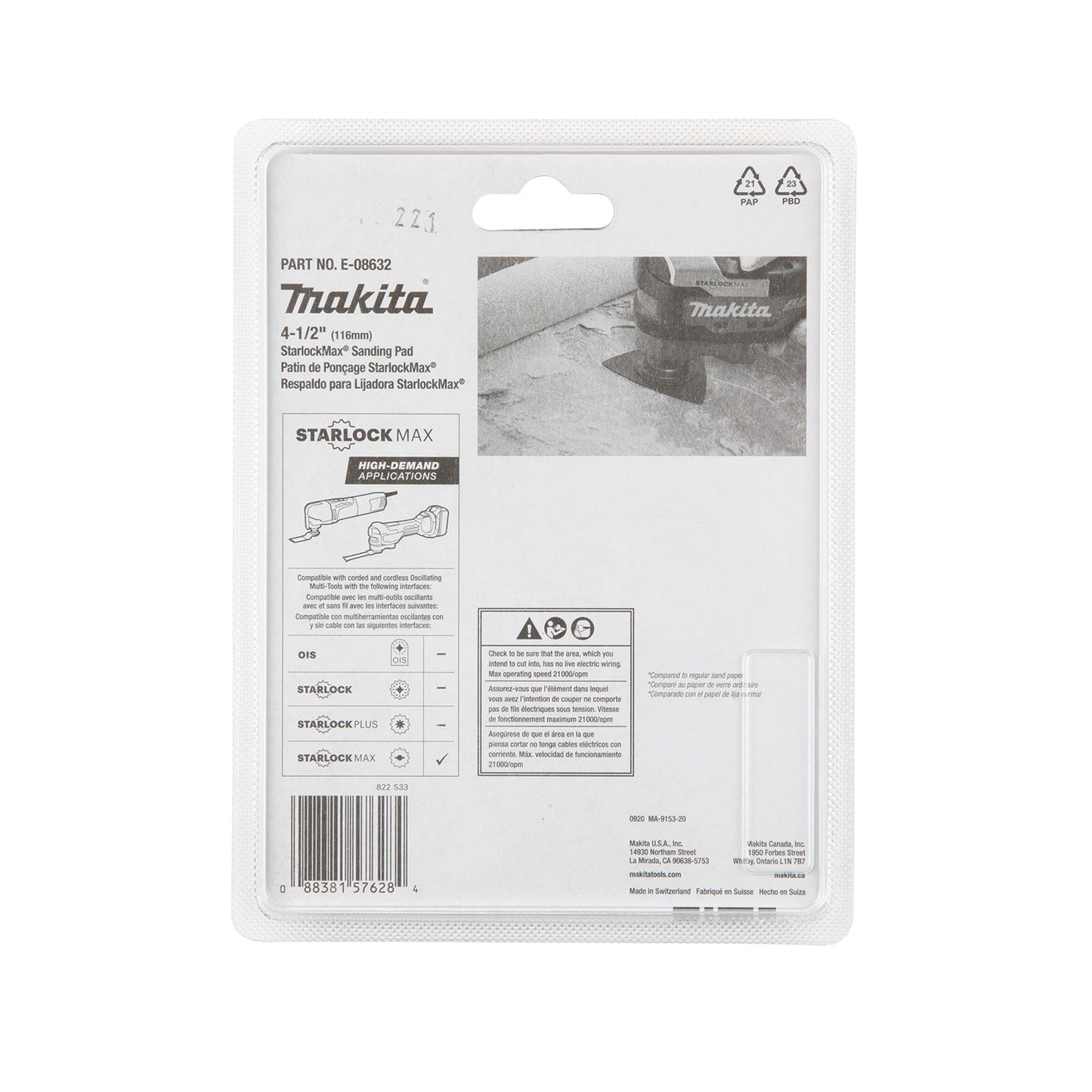 Makita E-08632 StarlockMax® Oscillating Multi‑Tool 4‑1/2" Tungsten Carbide 20 Grit Delta Triangle Sanding Pad