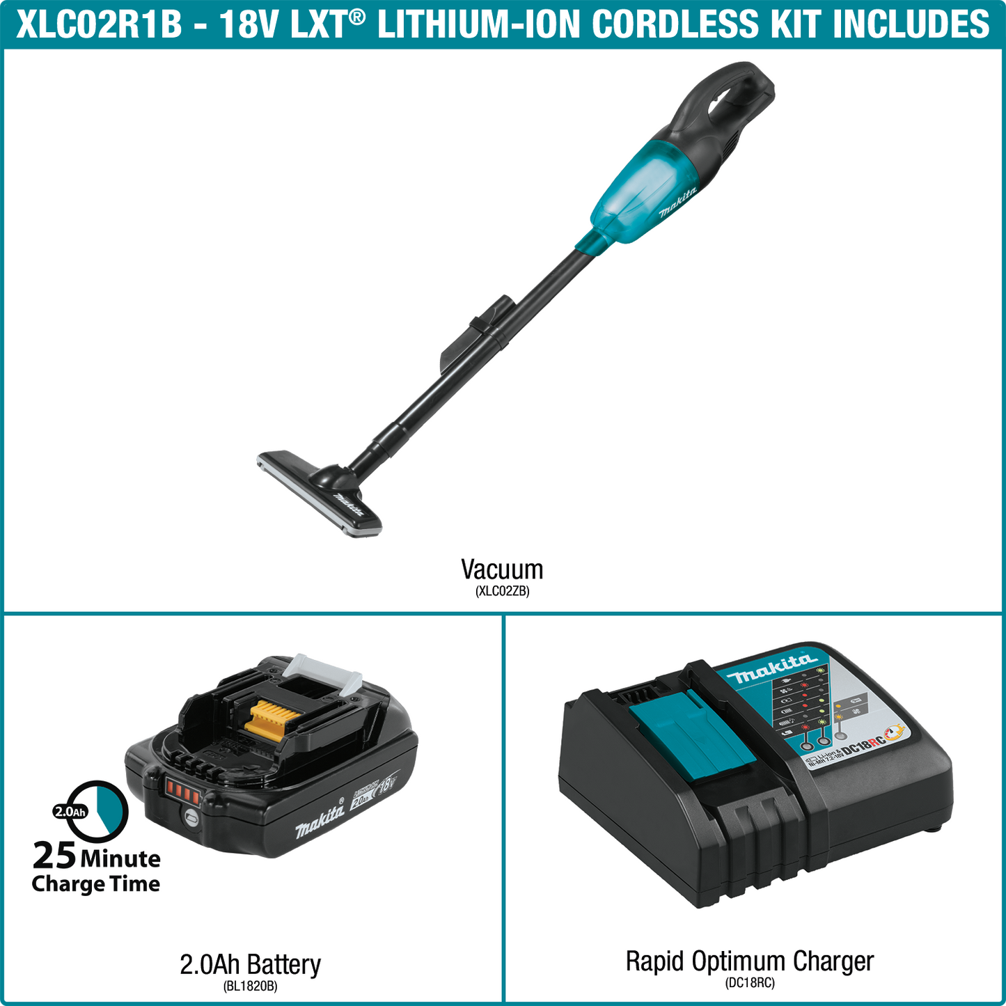 Makita XLC02R1B 18V LXT® Lithium‑Ion Compact Cordless Vacuum Kit (2.0Ah)