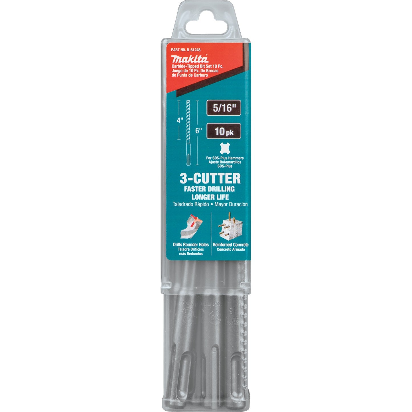 Makita B-61248 5/16" x 6" SDS‑PLUS Bit, 3‑Cutter, 10/pk