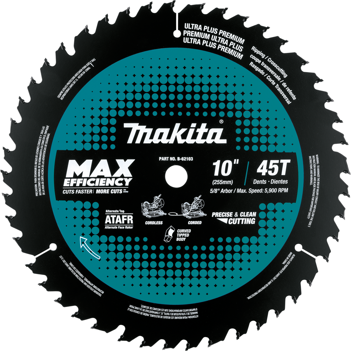 Makita B-62103 10" 45T Carbide‑Tipped Max Efficiency Miter Saw Blade