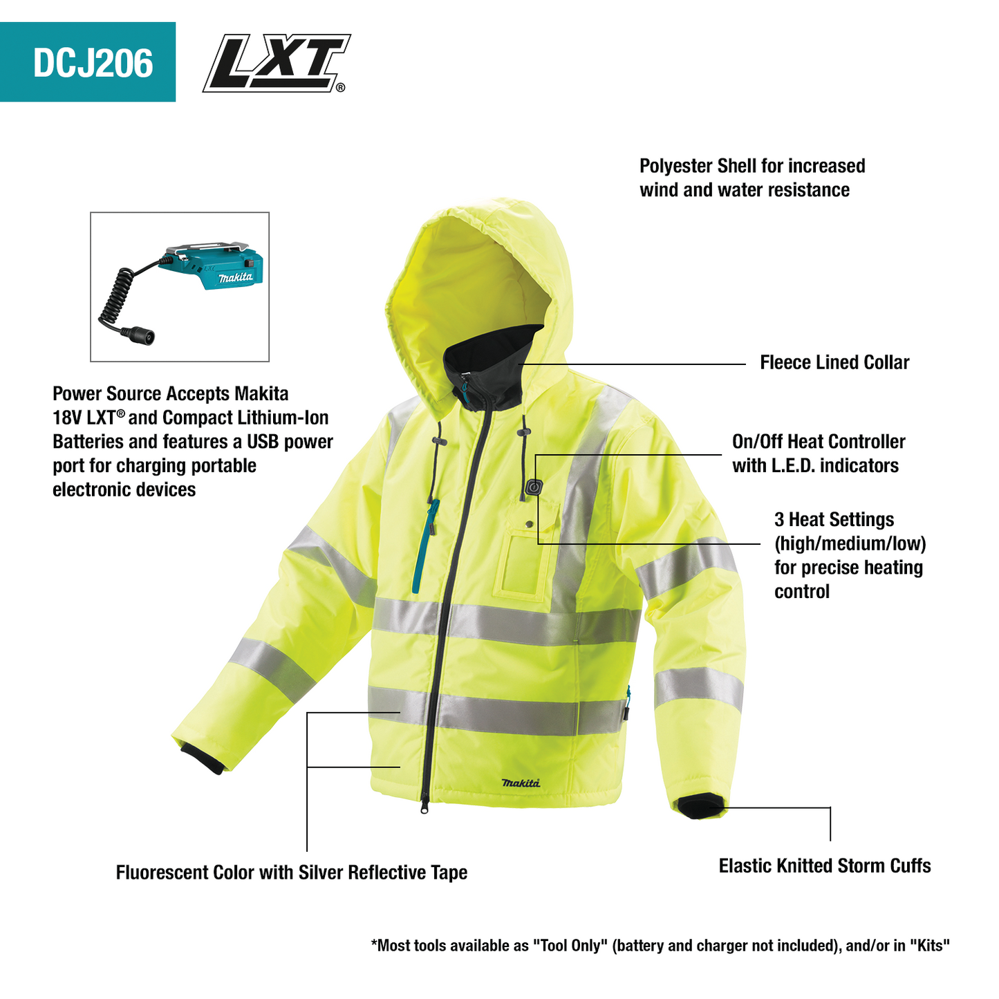 Makita DCJ206ZXL 18V LXT® Lithium‑Ion Cordless High Visibility Heated Jacket, Jacket Only (XL)