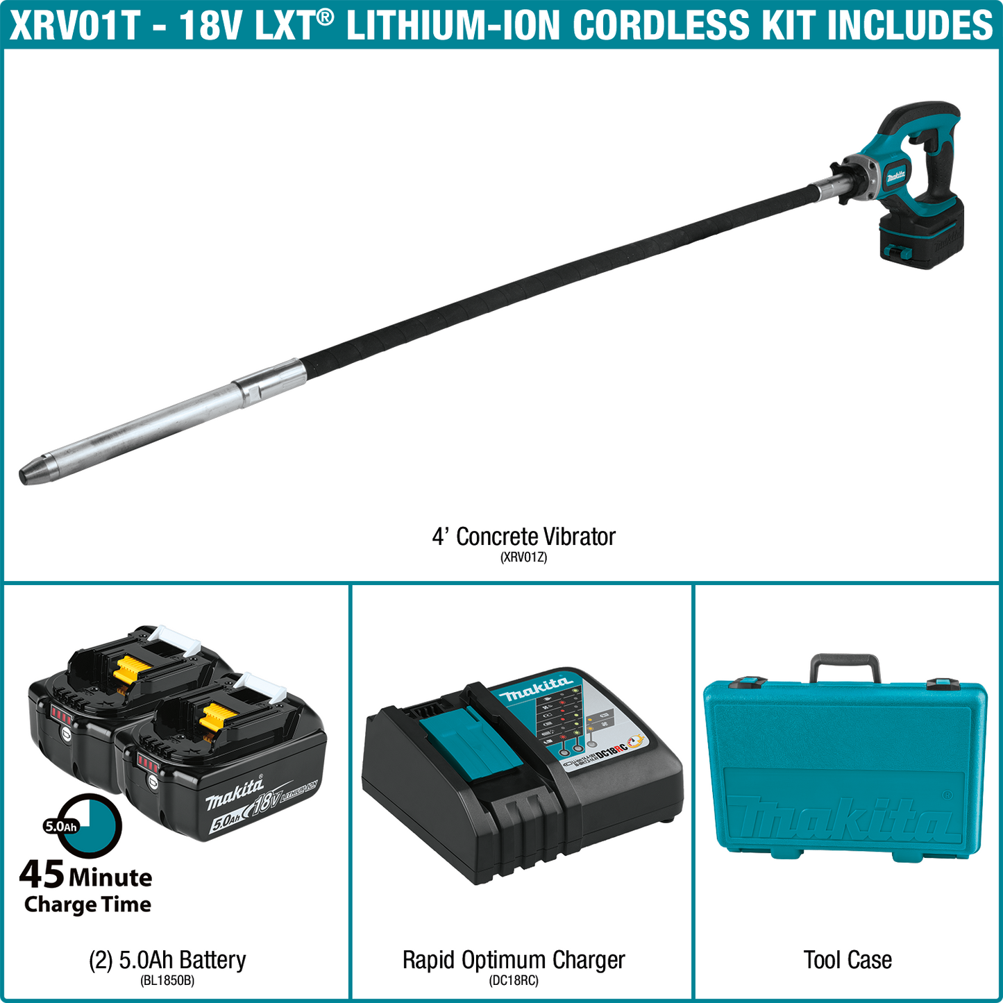 Makita XRV01T 18V LXT® Lithium‑Ion Cordless 4' Concrete Vibrator Kit (5.0Ah)