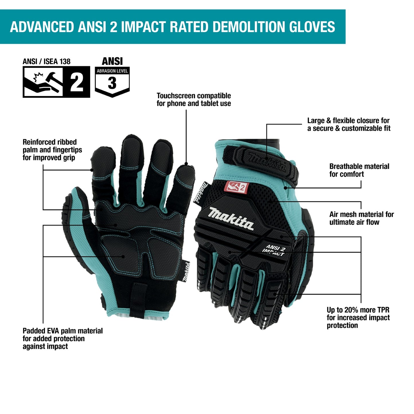 Makita T-04282 Advanced ANSI 2 Impact‑Rated Demolition Gloves (Large)
