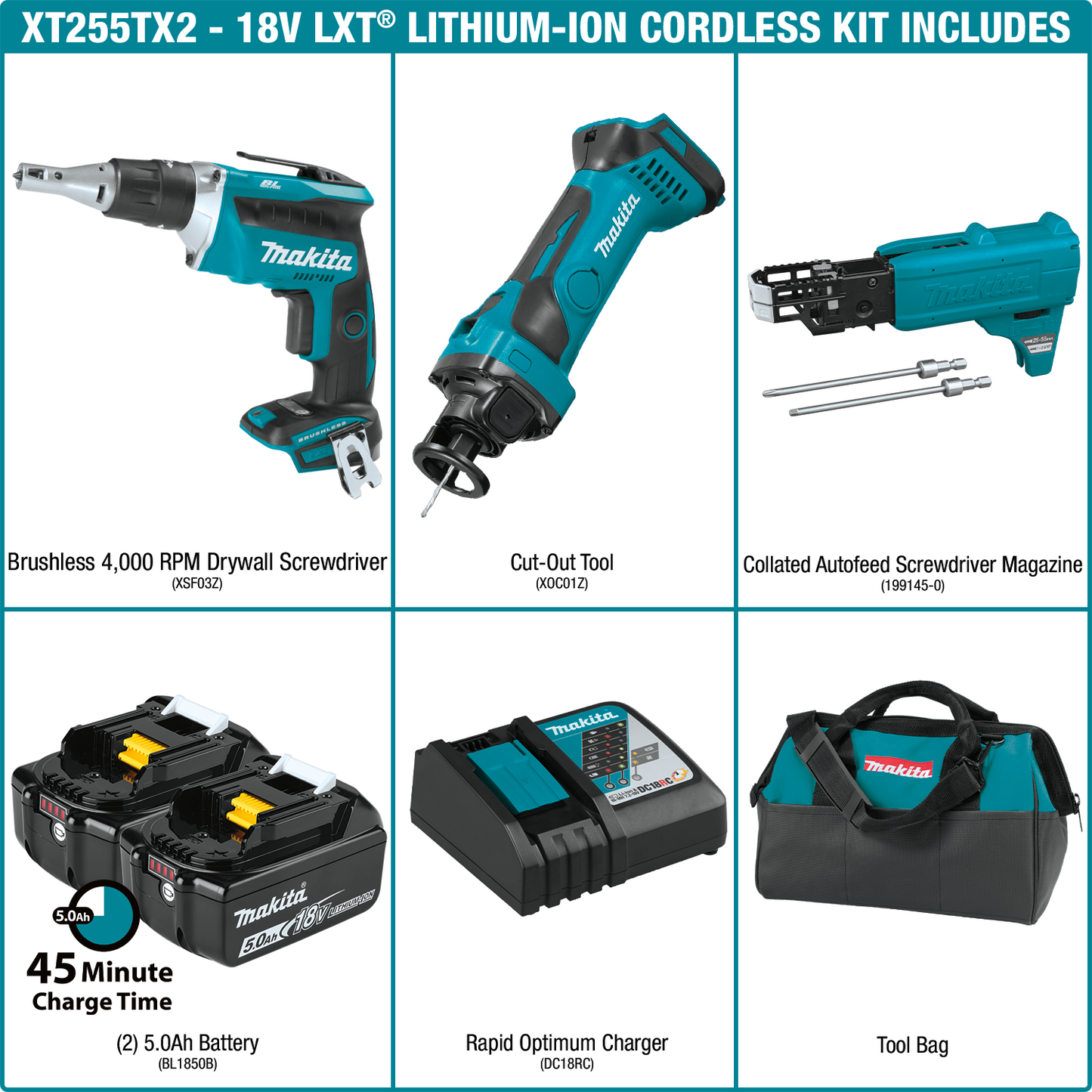 Makita XT255TX2 18V LXT® Lithium‑Ion Cordless 2‑Pc. Combo Kit with Collated Autofeed Screwdriver Magazine (5.0Ah)