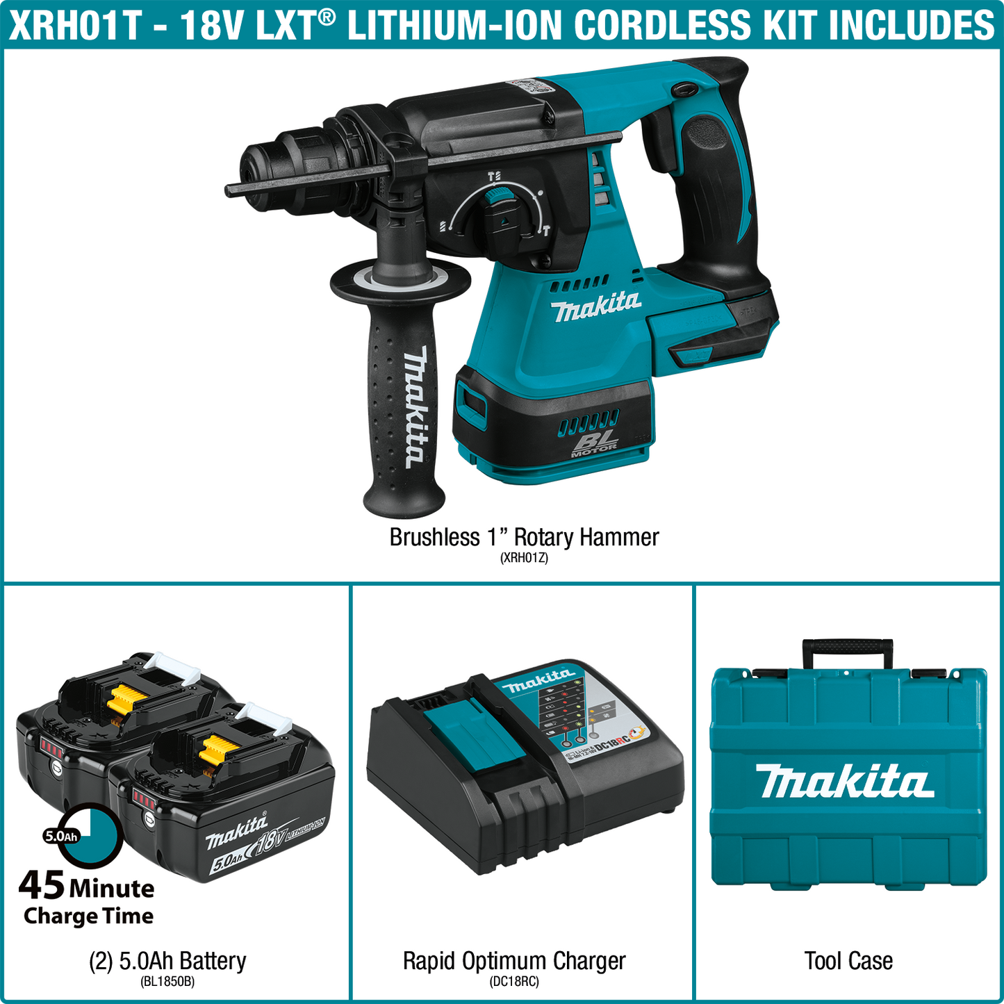 Makita XRH01T 18V LXT® Lithium‑Ion Brushless Cordless 1" SDS‑PLUS Rotary Hammer Kit (5.0Ah)