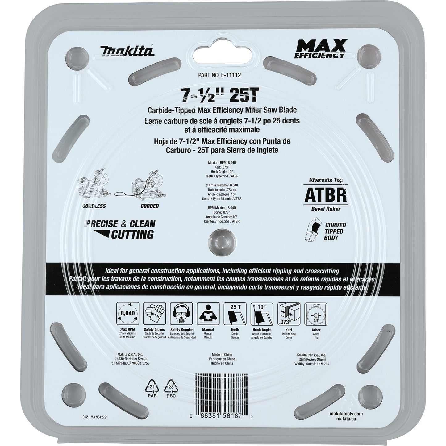 Makita E-11112 7‑1/2" 25T Carbide‑Tipped Max Efficiency Miter Saw Blade