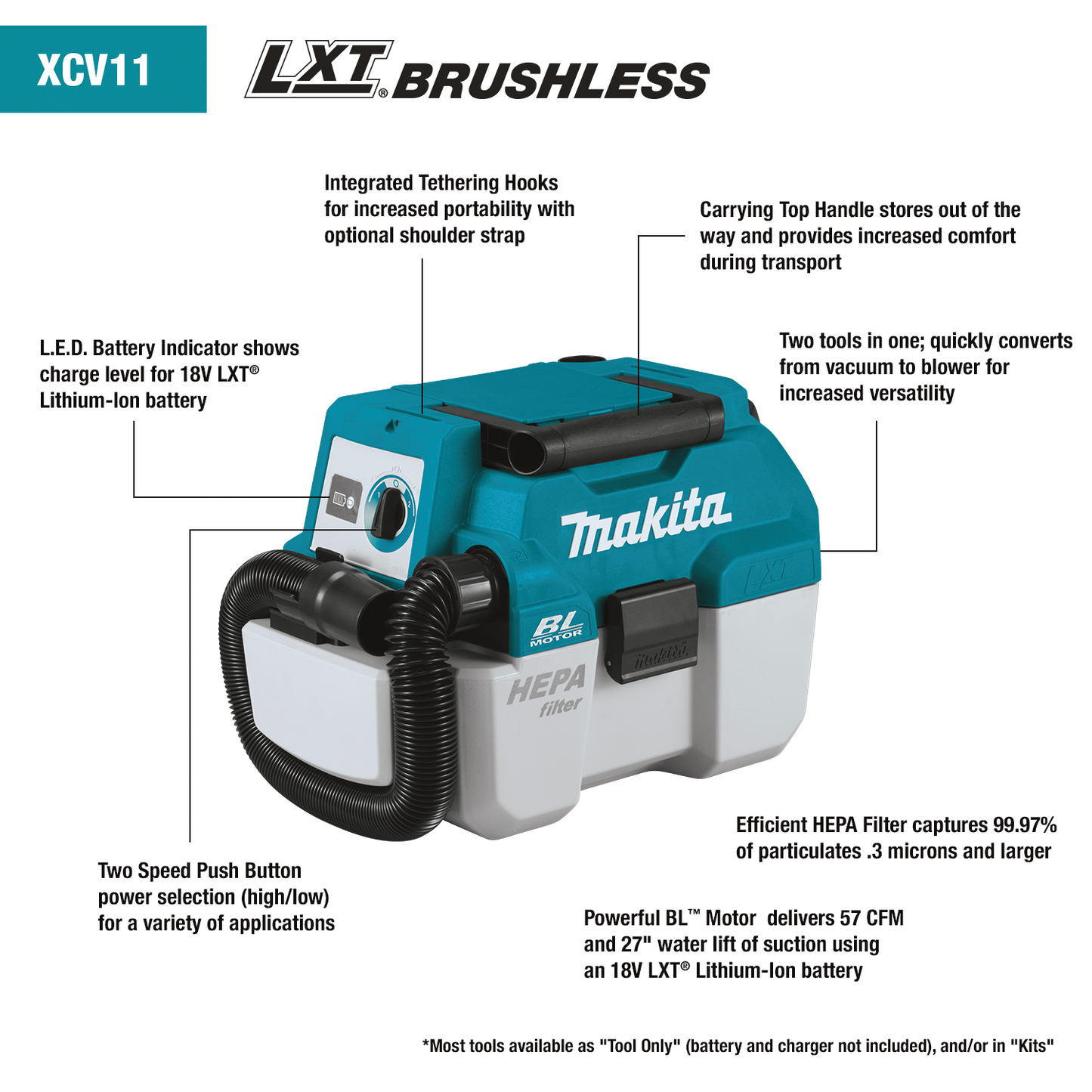 Makita XCV11Z 18V Lxt® Lithiumion Brushless Cordless 2 Gallon Hepa Filter Portable Wet/Dry Dust Extractor/Vacuum, Tool Only