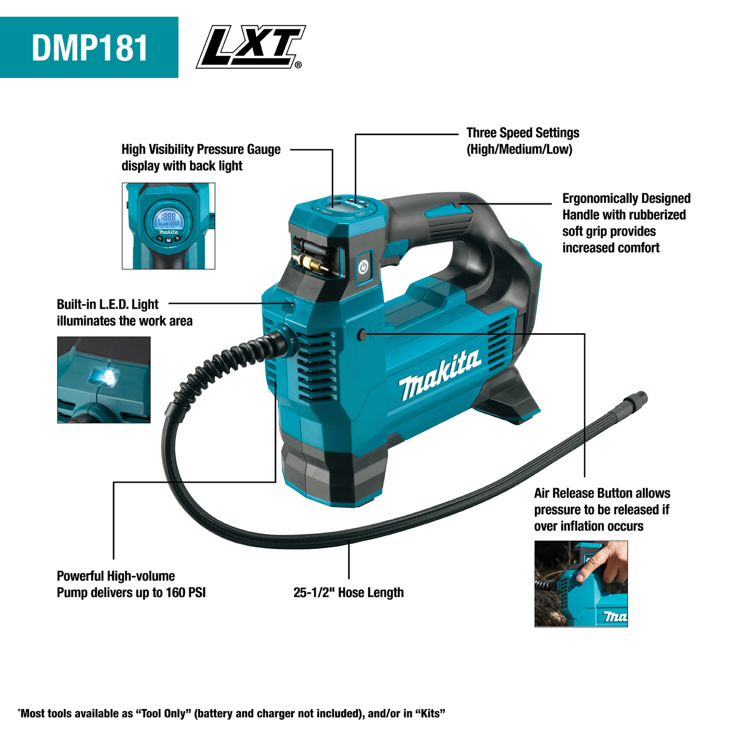 Makita DMP181ZX 18V LXT® Lithium‑Ion Cordless High‑Pressure Inflator, Tool Only