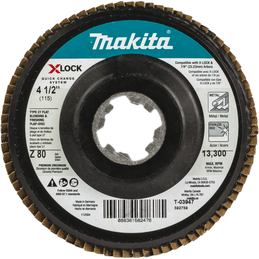 Makita T-03947 X‑LOCK 4‑1/2" 80 Grit Type 27 Flat Blending and Finishing Flap Disc for X‑LOCK and All 7/8" Arbor Grinders