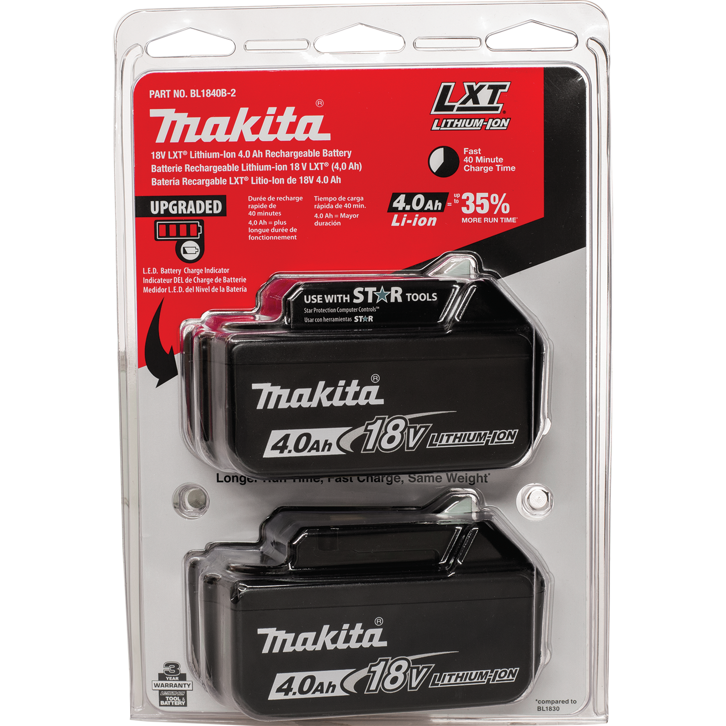 Makita BL1840B-2 18V LXT® Lithium‑Ion 4.0Ah Battery, 2/pk