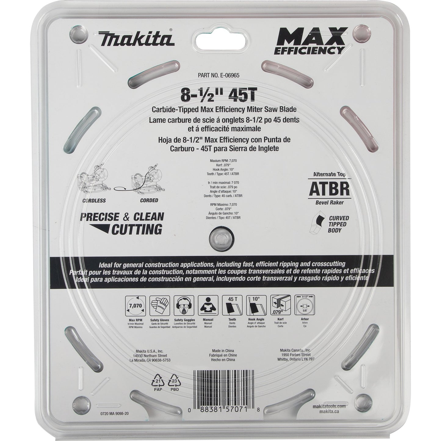 Makita E-06965 8‑1/2" 45T Carbide‑Tipped Max Efficiency Miter Saw Blade