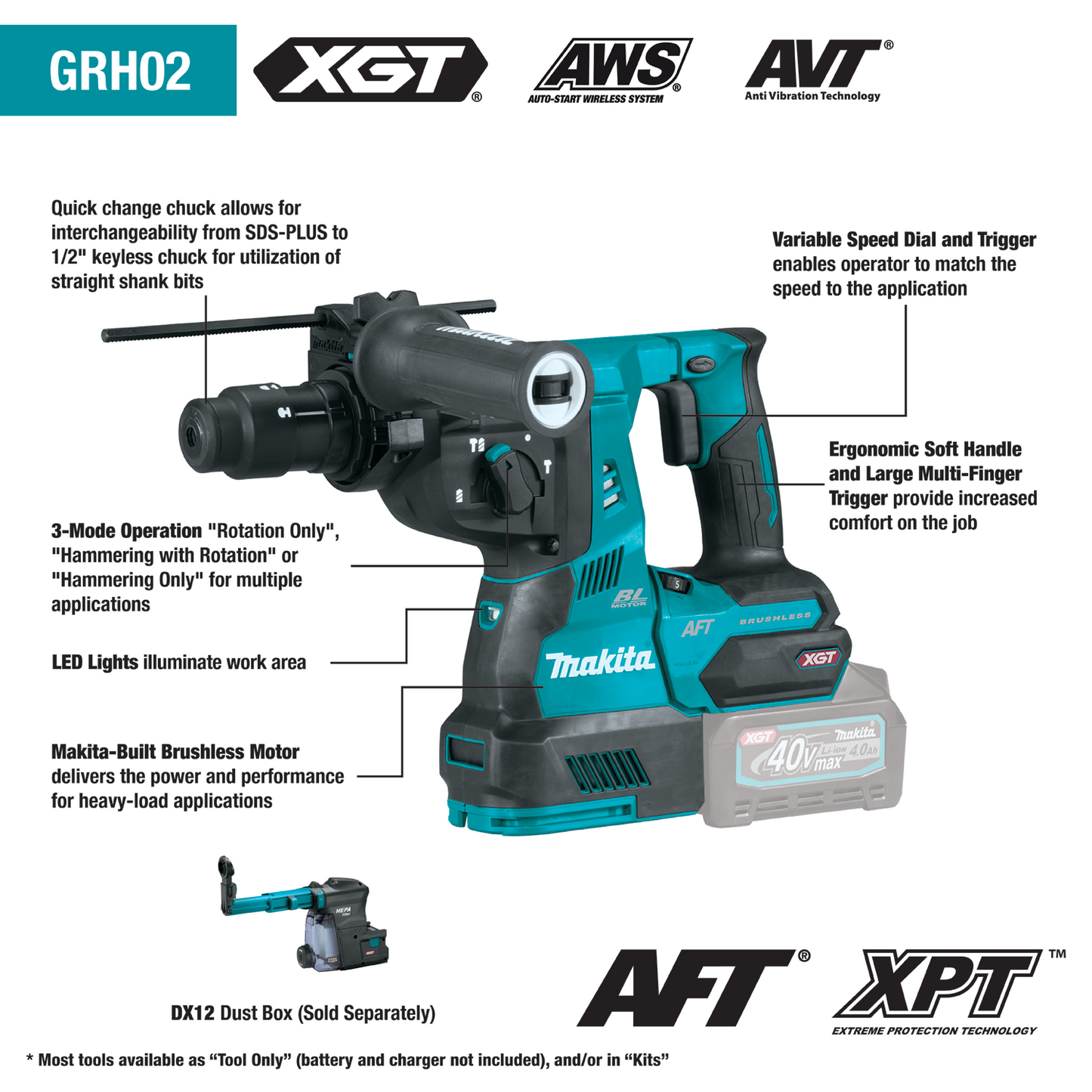 Makita GRH02M1 40V max XGT® Brushless Cordless 1‑1/8" SDS‑PLUS AVT® Rotary Hammer Kit, with Interchangeable Chuck, AWS® Capable (4.0Ah)