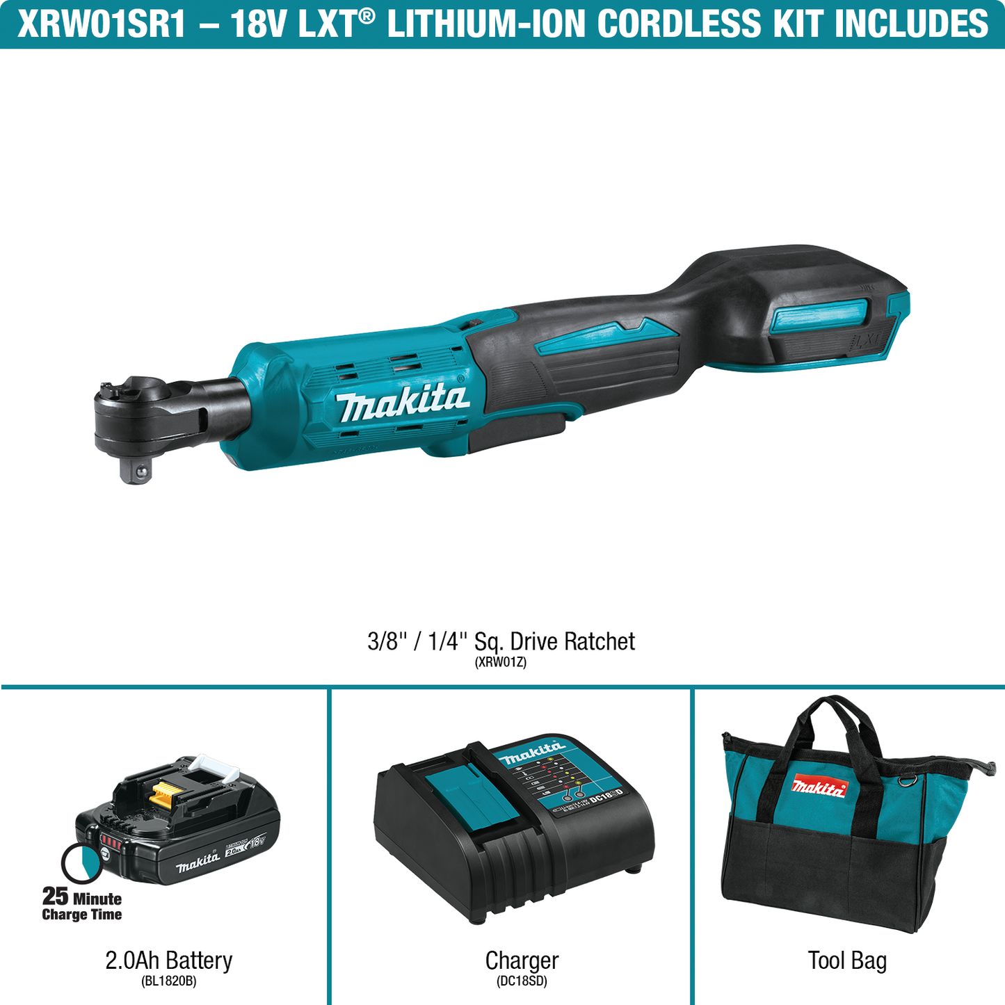 Makita XRW01SR1 18V LXT® Lithium‑Ion Cordless 3/8" / 1/4" Sq. Drive Ratchet Kit (2.0Ah)