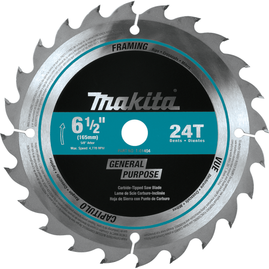 Makita T-01404 6‑1/2" 24T Carbide‑Tipped Circular Saw Blade, Framing