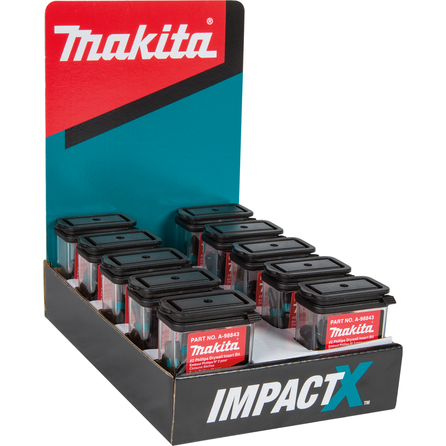 Makita A-98843-10 ImpactX™ #2 Phillips Drywall 1″ Insert Bit, 10 x 25/pk, Display