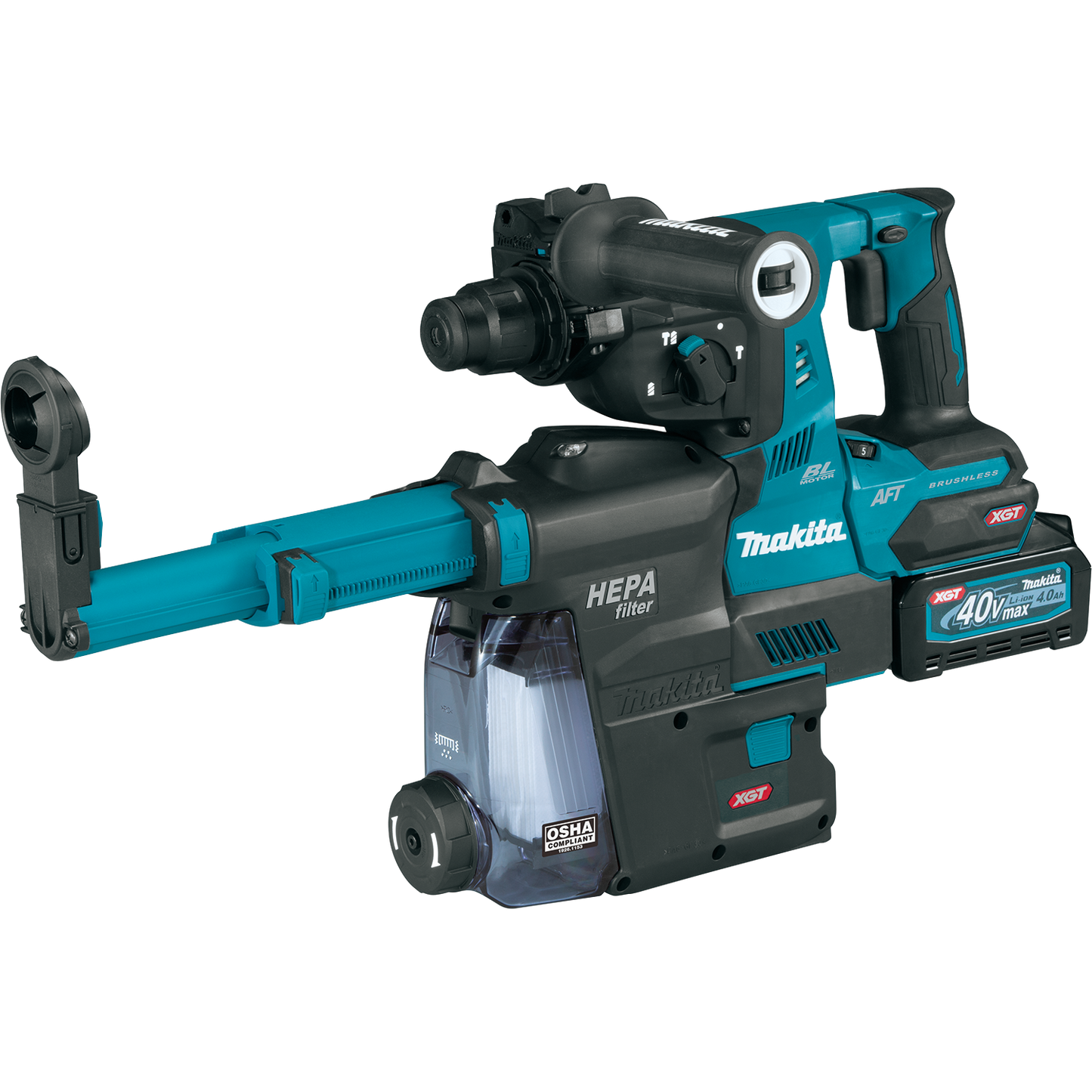 Makita GRH01M1W 40V max XGT® Brushless Cordless 1‑1/8" SDS‑PLUS AVT® Rotary Hammer Kit w/ Dust Extractor, AFT®, AWS® Capable (4.0Ah)