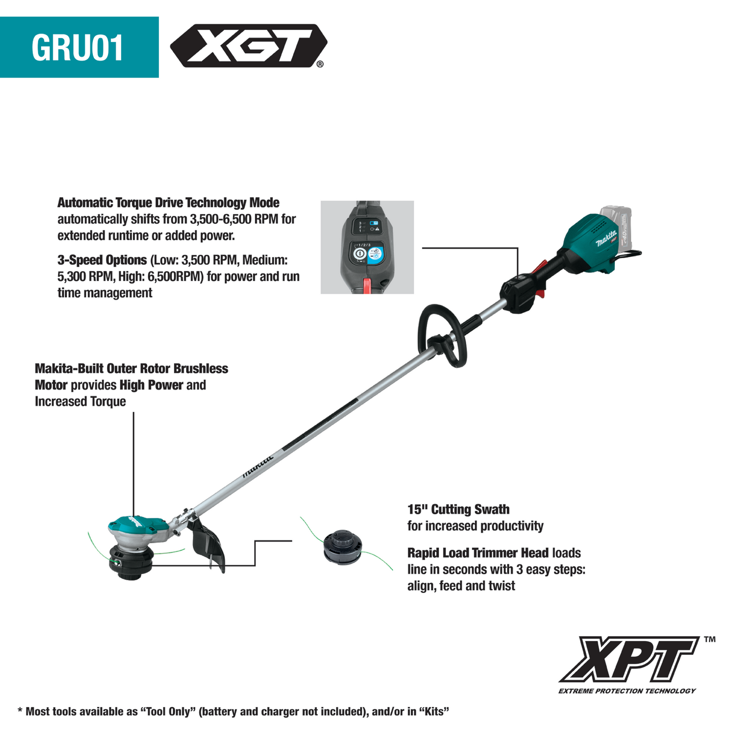 Makita GRU01Z 40V max XGT® Brushless Cordless 15" String Trimmer, Tool Only